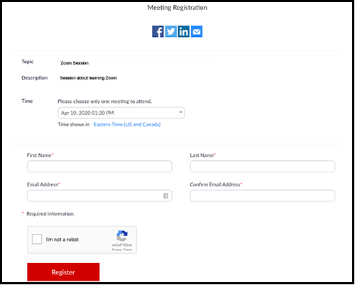 Zoom session registration form