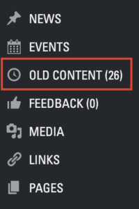 WordPress Admin Menu highlighting the Old Content link