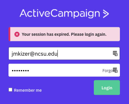 Screenshot of session expired message for ActiveCampaign