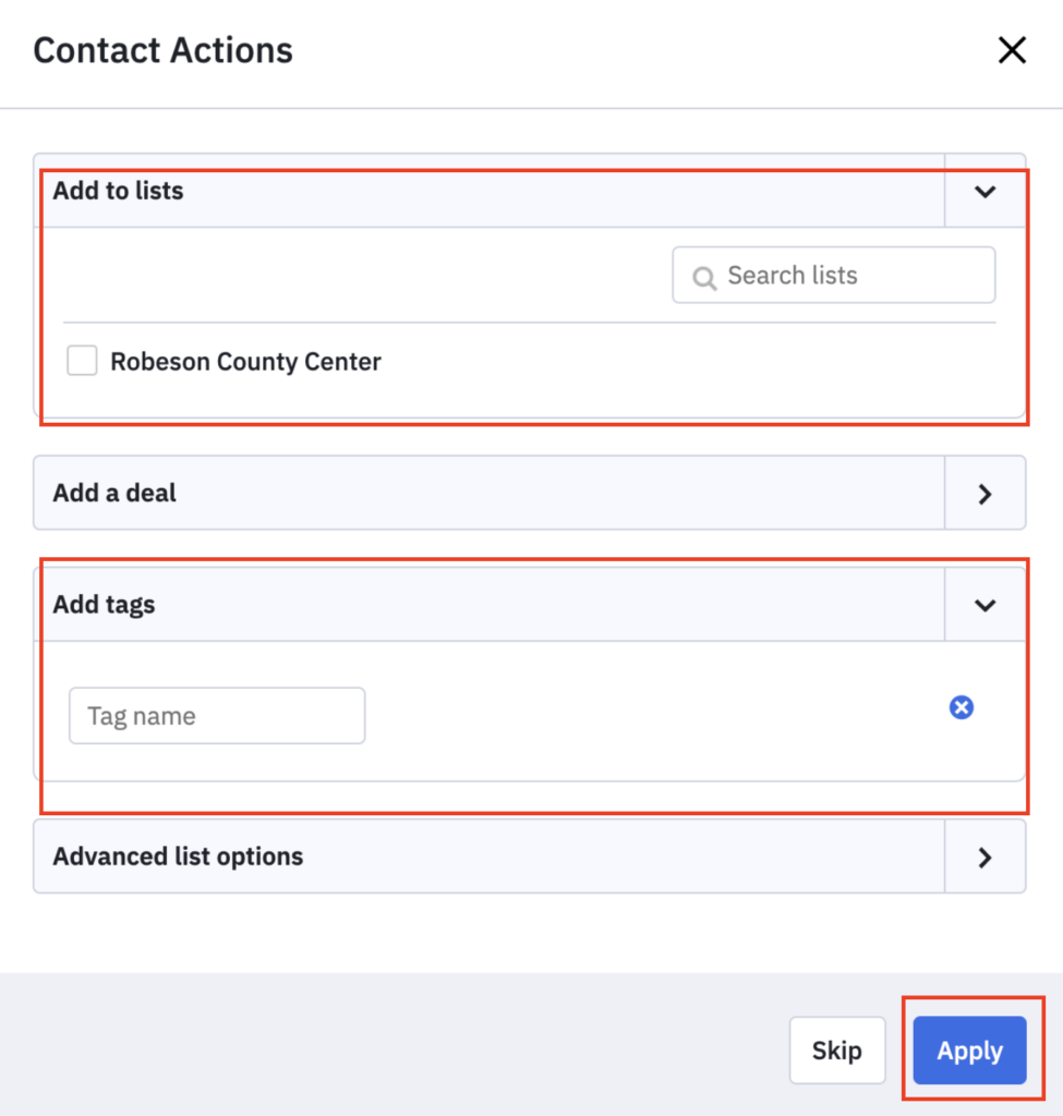 Contact Actions screen