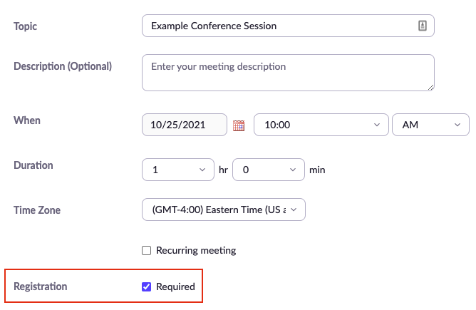 Zoom Meeting window showing registration option selected