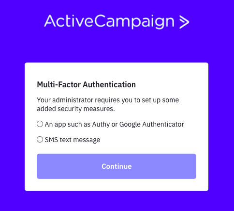 ActiveCampaign Multi-Factor Authentication selection