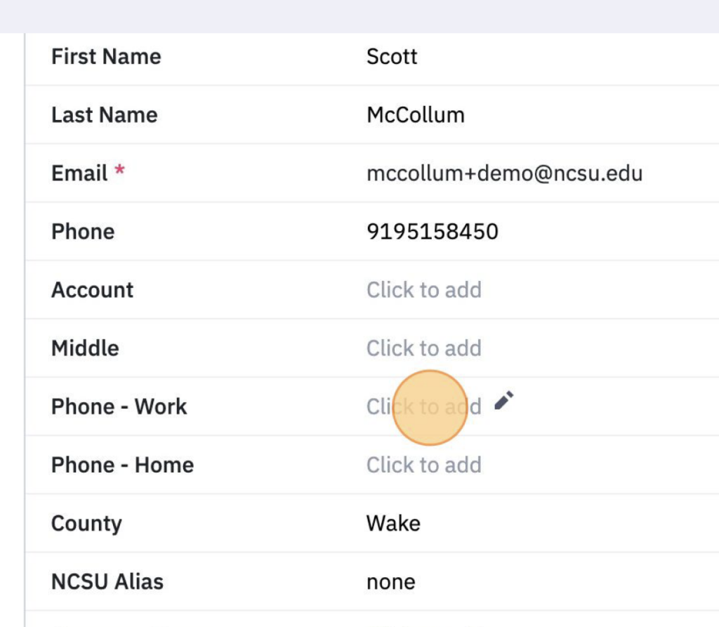 A yellow click marker over the click to add button beside a users phone number field.