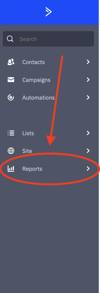 The ActiveCampaign sidebar with the Reports option highlighted by a red circle.