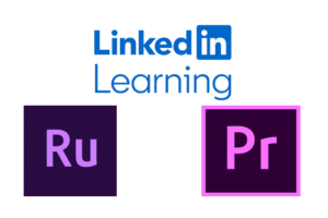 LinkedIn Learning logo, Adobe Premiere Rush and Pro logo