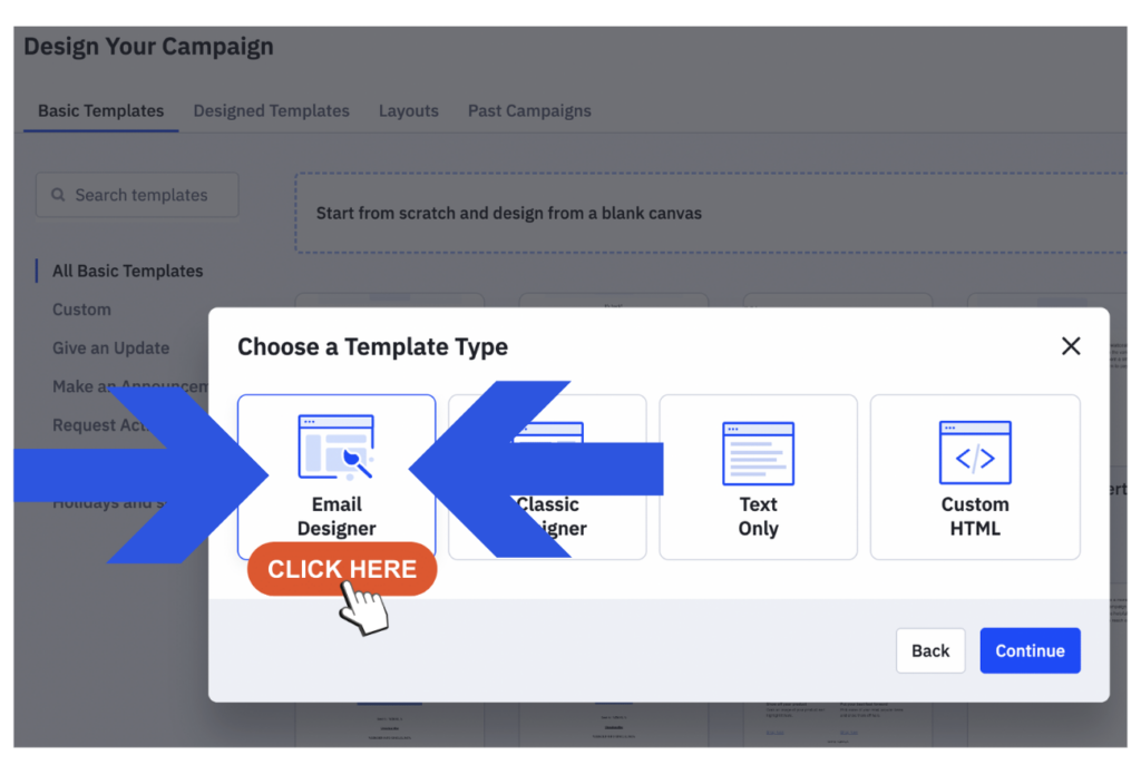 This photo shows you where to click to access ActiveCampaign's new Email Designer