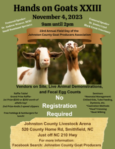Our goat field day is back for its 23rd year! Great seminars and demonstrations, vendors, raffle table, publication table and free lunch! No registration required and no cost to attend. Open to all ages, you do not have to be a member to attend!