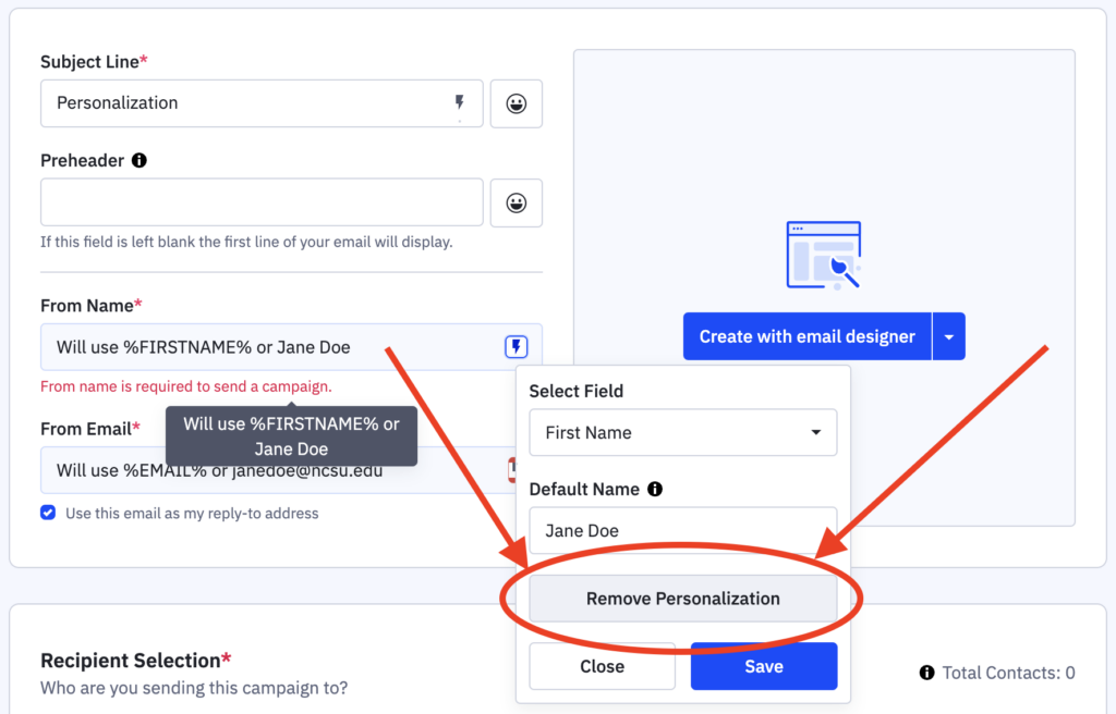 Remove personalization from ActiveCampaign Sender Details