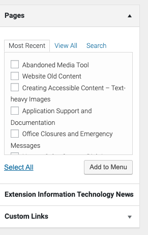 Screenshot of the Page selection box for building a secondary menu in WordPress