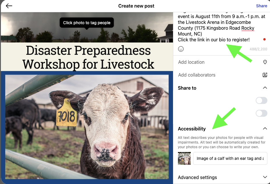 screenshot of instagram post using Canva design. Arrows show caption field and alt-text field.