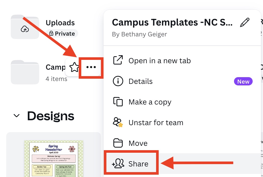 Screenshot of the menu option for sharing a folder in Canva