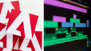 An image of the adobe logo beside a video editing timeline in Premiere Pro