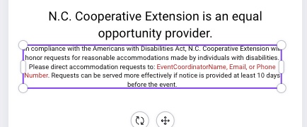 screenshot of disclaimer text in Canva, showing the contact info in red font that must be edited.