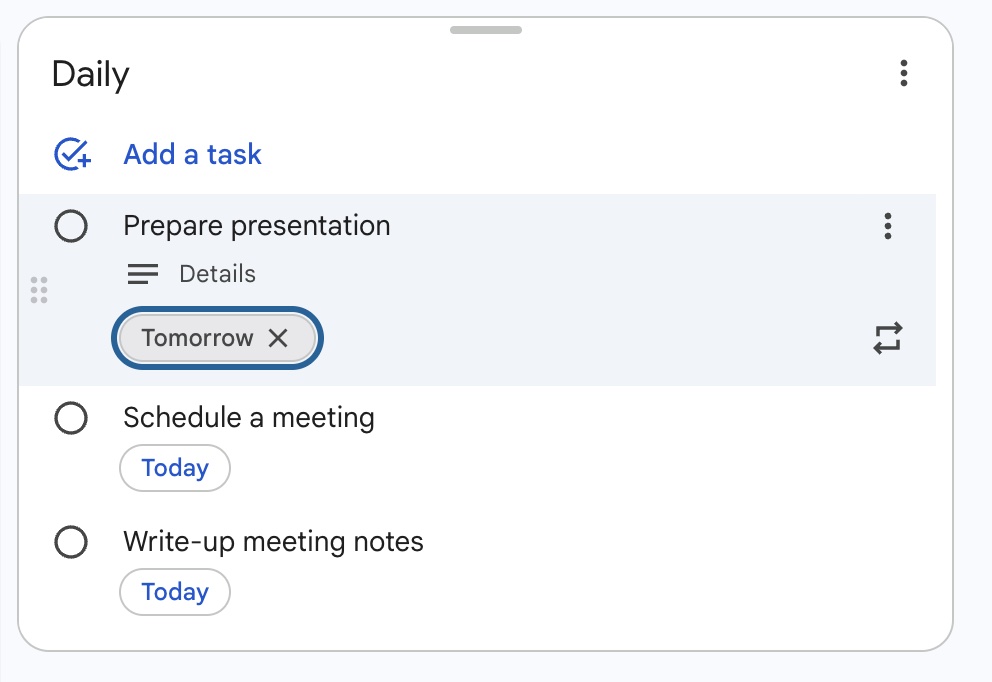 Screenshot of a google tasks list with generic tasks added
