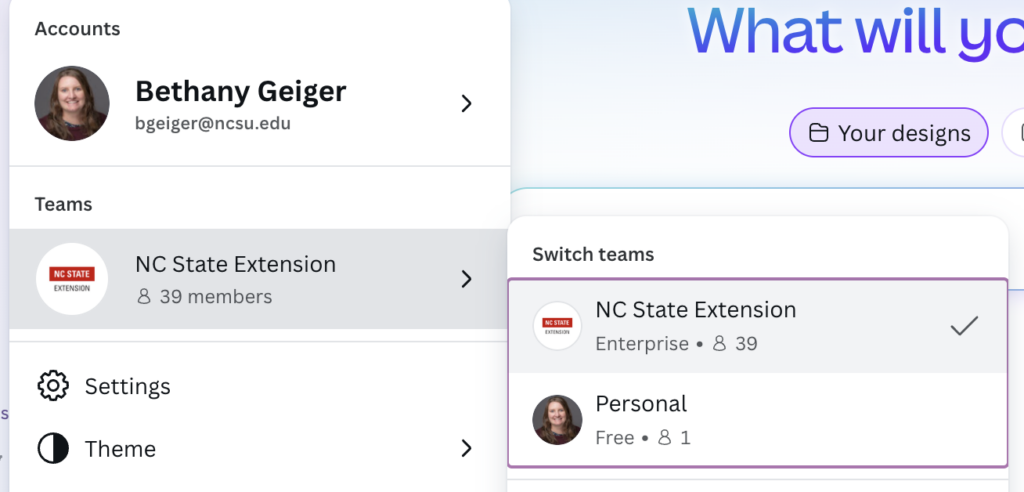 Screenshot showing the teams menu in Canva