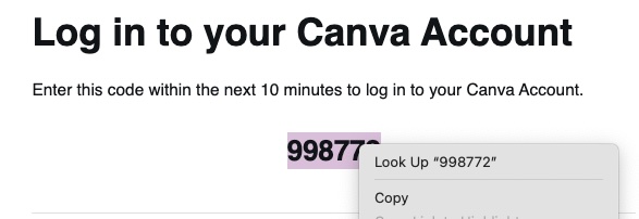Log in to Canva using your temporary code.