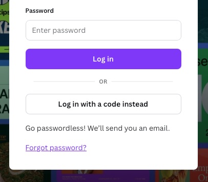 screenshot of Canva with "Log in with a Code" button